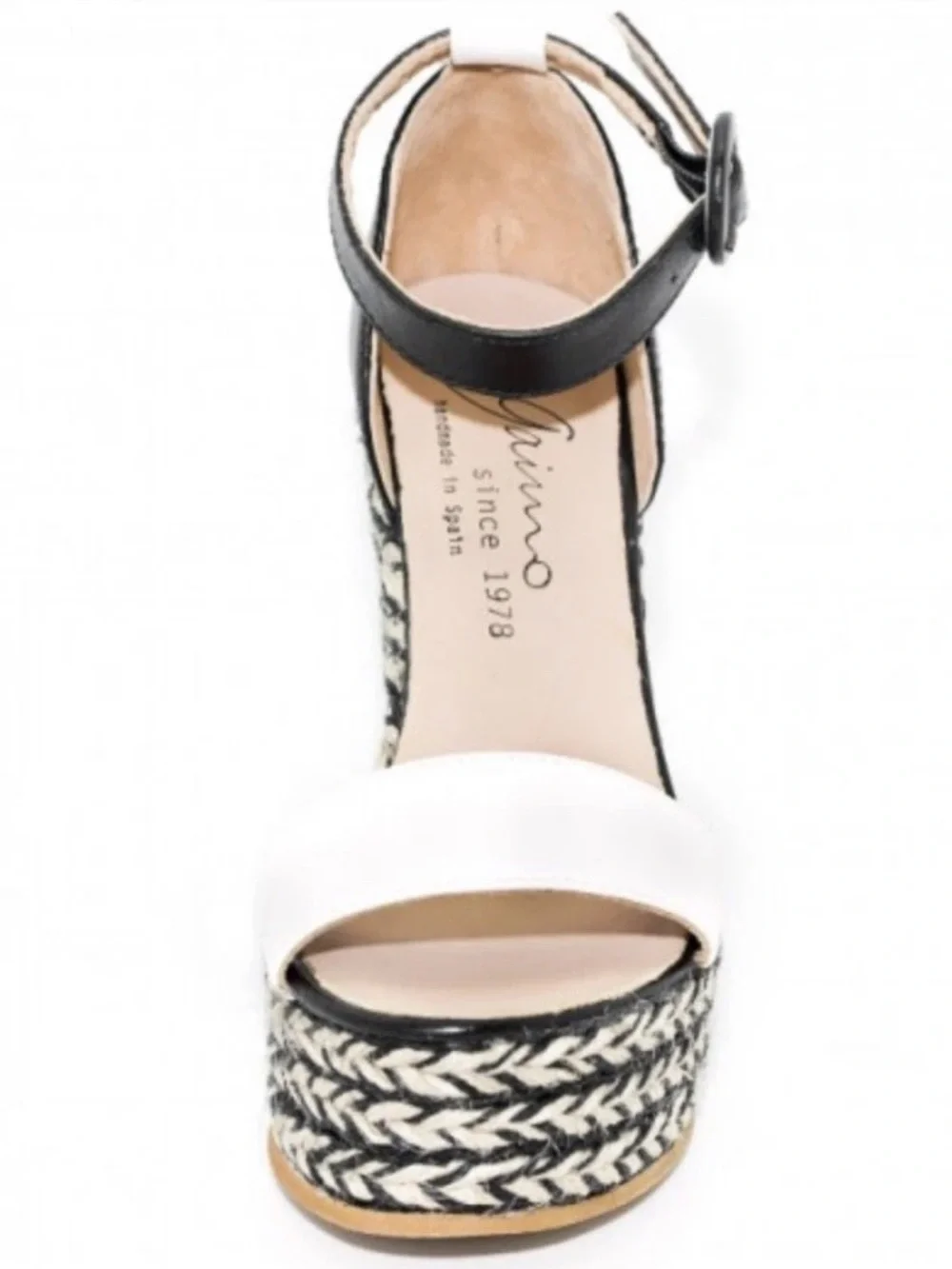 Two-Tone White & Black Braided Wedge Sandal with Ankle Strap